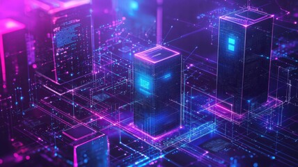 a vibrant digital representation of futuristic skyscrapers interconnected by glowing circuits, showc