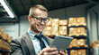 © Peachaya - A man stands in a warehouse, holding a tablet computer and carefully checking the inventory list for the presence of goods. Generative AI. 