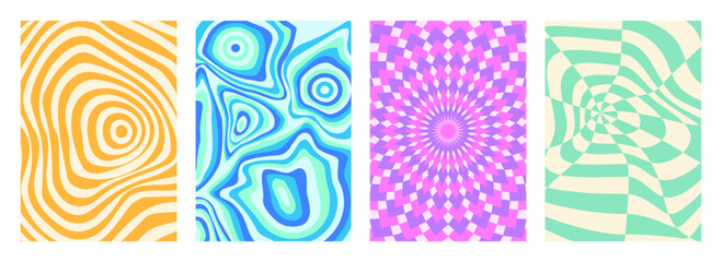 Psychedelic optical illusion wavy patterns - concentric curved lines, geometric shapes in vivid colors. Abstract groovy retro striped backgrounds, trendy 60s hypnotic prints for poster, fabric design.