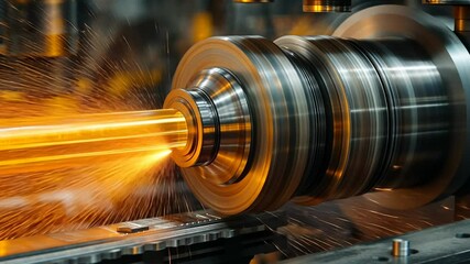 Poster - Sparks fly as a CNC machine operates, showcasing the intricate process of machining metal. The operator skillfully monitors the setup, ensuring precise manufacturing in a busy workshop.