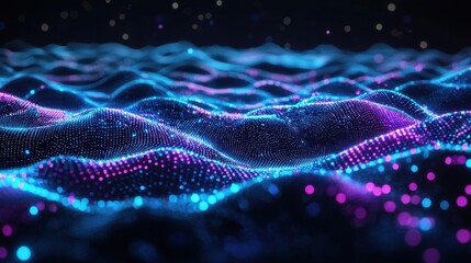 Wall Mural - neon blue and purple optical fiber particles dispersing in a futuristic digital landscape.