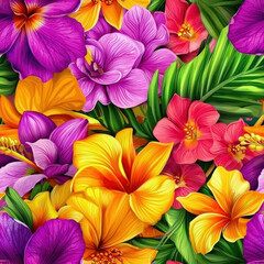 Wall Mural - Vibrant tropical floral pattern with colorful orchids and hibiscus flowers, Summer Textile Seamless Pattern Background