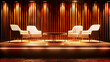 © NORN - Warm Stage for Conversations: Captivating set-up with comfortable armchairs, a sleek table, and an inviting atmosphere. Ideal for talk shows, interviews or intimate discussions.
