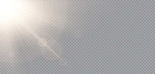 Wall Mural - Sunlight effect on transparent png background. Gold rays and beam shining with bokeh glow effect. Summer sun light overlay, vector illustration.