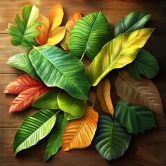 Aufkleber - Assorted Autumnal Leaves on Wood - A Collection of Textures, Colors, and Shapes on a Rustic Wooden Background