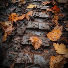 Aufkleber - Autumnal Imprint: Tire Track Through Mud, Scattered with Fallen Leaves in Varying Shades of Orange and Brown.