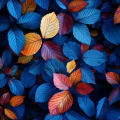 Aufkleber - Autumnal Harmony: A symphony of vibrant leaves in blue, orange, red, and yellow creates a striking, colorful, and beautiful nature scene.
