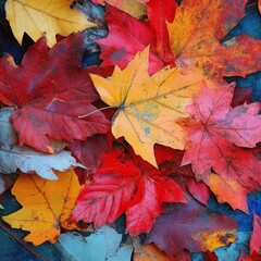 Aufkleber - A Vibrant Symphony of Autumn: A Colorful Tapestry of Fallen Maple Leaves in Shades of Red, Yellow, and Turquoise.