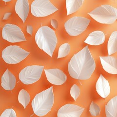 Aufkleber - Elegant Arrangement of White Leaves on an Orange Backdrop: A Delicate and Serene Autumnal Composition