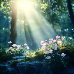 Poster - Sunbeams Kissing Delicate Pink Flowers in a Mystical Forest Setting: A Dreamy, Enchanting Nature Scene