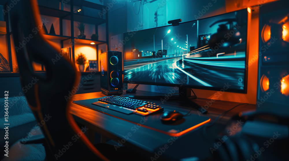 Ultra-wide curved gaming monitor with dynamic RGB lighting displaying ...