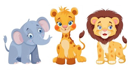 Safari baby animals like elephants and lions in the wild.