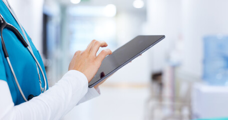 Poster - Person, hands and surgeon on tablet for test results, medical update or appointment booking. Closeup, research or doctor with touchscreen for online report, schedule or health app at hospital clinic