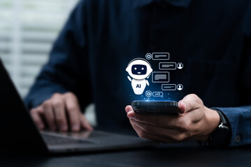 ai chatbot, artificial intelligence. man using a smartphone with ai chatbot. ai search. llm ai deep 