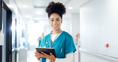 Poster - Portrait, woman or doctor on tablet for cardiology results, medical update or appointment booking online. Happy, research or cardiologist with touchscreen for report, hospital schedule or healthcare