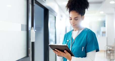 Poster - Check, woman or doctor on tablet for cardiology results, medical update or appointment booking online. Surgeon, research or cardiologist with touchscreen for report, hospital schedule or healthcare