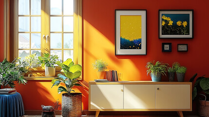 Poster - cozy interior featuring stylish sideboard against vibrant orange wall, adorned with framed artwork and lush green plants. sunlight streams through windows, creating warm and inviting atmosphere