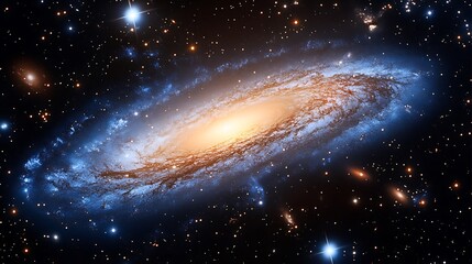 Wall Mural - spiral galaxy in deep space with bright core and surrounding stars.