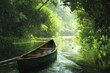 © Alla - A serene image of a green canoe floating on the surface of a peaceful river
