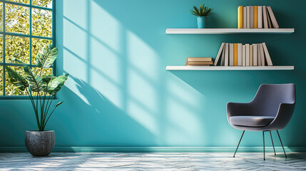 Poster - bright and inviting interior scene featuring turquoise wall, stylish chair, and floating shelves adorned with books. sunlight casts beautiful shadows, enhancing serene atmosphere