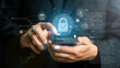 © ภาคภูมิ ปัจจังคะตา - User using mobile phone with digital padlock on internet technology network security with cloud security and data encryption, cybersecurity, Cyber security network. Data protection concept.