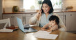© CC/peopleimages.com - Mom, baby and phone call for remote work from home, laptop or talk to contact, bonding or smile. Woman, virtual assistant and mother with infant child, happy or networking for deal in family house