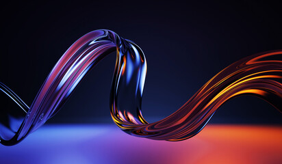 3d abstract liquid glass ribbon wave line with neon light on dark background. fluid flow curve shape