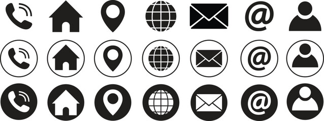 Business icons for company. Web flat icons set. Phone, name, website, address, location and mail logos symbols pack. Contact information vectors for business cards isolated on transparent background.