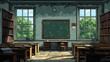 © Ryulookyee - It shows an interior. It features desks, a blackboard, bookshelves and windows.