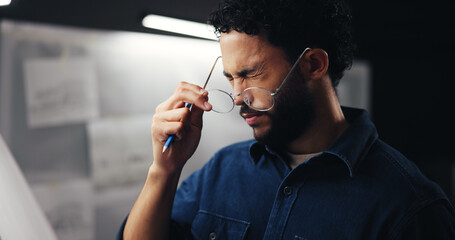 Aufkleber - Architect, frustrated or headache with glasses for eye strain, pressure or overworked at office. Businessman, civil engineer or working late at night with pain for wrong lens, frame or bad vision