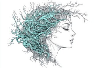 Aufkleber - Artistic depiction of a woman's profile intertwined with abstract tree branches and flowing lines
