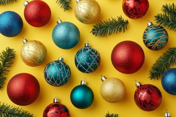 Poster - Colorful Christmas ornaments and evergreen branches on a bright yellow background create a festive atmosphere