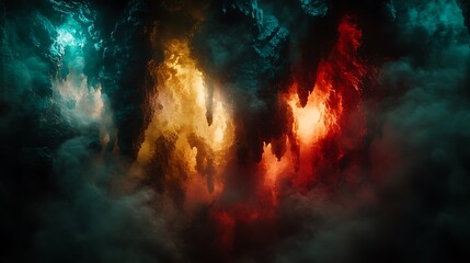 Wall Mural - fiery, smoky cave with teal, orange, and red hues.