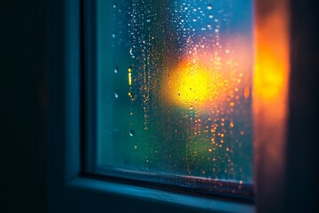 Aufkleber - Rainy evening at home with droplets on the window creating a warm glow from the outside streetlight at twilight