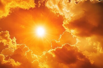 Poster - Vibrant golden sunset illuminating the sky with dramatic clouds and bright sunlight
