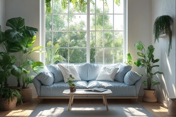 Poster - Bright and inviting living room with a light blue sofa and lush greenery in a sunlit space