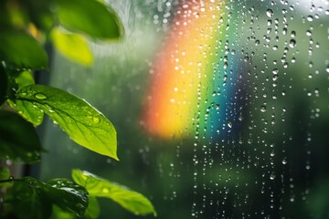 Aufkleber - Rain droplets on glass with vibrant rainbow backdrop and greenery during a serene rainy day