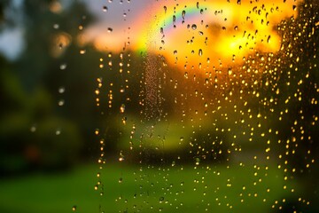 Aufkleber - Evening rain brings a vibrant rainbow over a serene green landscape at sunset