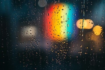 Aufkleber - Raindrops on window glass with colorful lights reflecting in the background during a rainy evening