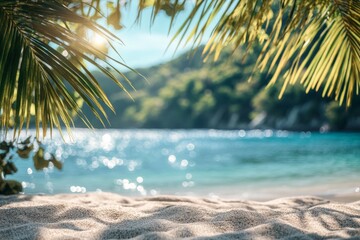 Aufkleber - Enjoying a serene beach view with sparkling water and lush greenery in a tropical paradise setting during the afternoon