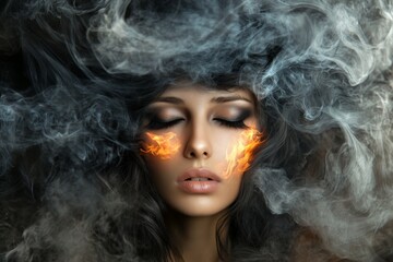 Leinwandbilder - portrait of a woman surrounded by ethereal smoke with flames on her cheeks evoking a mystical atmosp