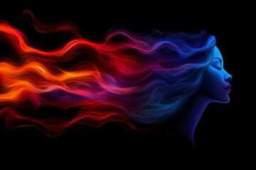 Leinwandbilder - Stunning portrait of a woman with vibrant, flowing hair against a dark background showcasing colors of blue, red, and orange