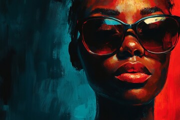 Poster - Stylish portrait of a woman with sunglasses showcasing vibrant colors and intense expression in an artistic setting