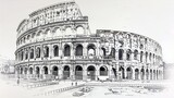A stunning black and white sketch of the iconic Colosseum showcasing its unique architectural details.