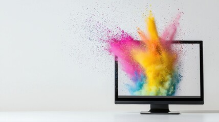 Colorful powder explosion from computer screen against white background, symbolizing creativity and digital art.