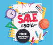 © AmazeinDesign - Back to school sale clipart banner. School educational 50% off discount in notebook paper for shopping promotion advertising banner clip art vector illustration.