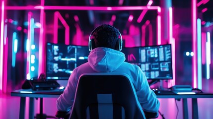 Gamer or programmer in hoodie facing multiple neon-lit screens in dark cyber workspace