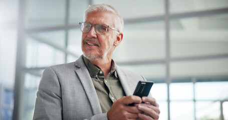 Fototapete - Office, businessman and thinking with smartphone for chat, online communication and message to contact. Smile, mature person and consultant with ideas for mobile, social media and service to client
