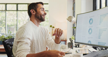 Aufkleber - Happy, finance and man on computer in home for review of graphs for report, charts or data analysis. Online, remote work or financial analyst with screen for research, budget or investment growth