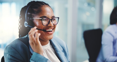 Leinwandbilder - Consultant, laughing or black woman in call center for customer service, loan faq or finance advice. Telecom, funny joke or agent talking on mic in contact support for telemarketing, help and sales